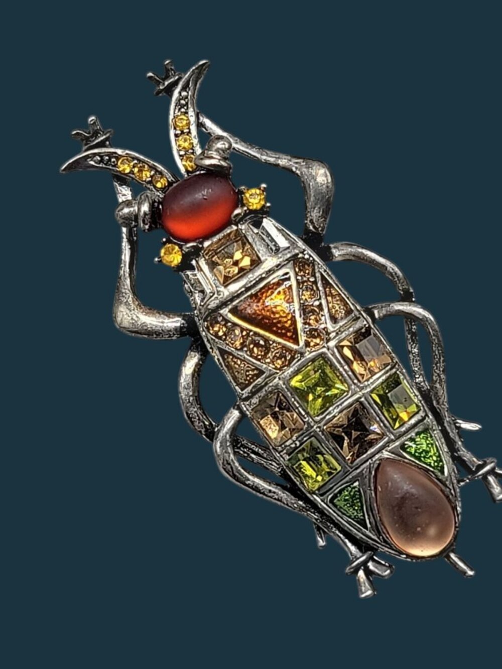 Beetle Brooch With Multicolor Frosted & Faceted Glass Stones Silver Tone Setting - Picture 4 of 7